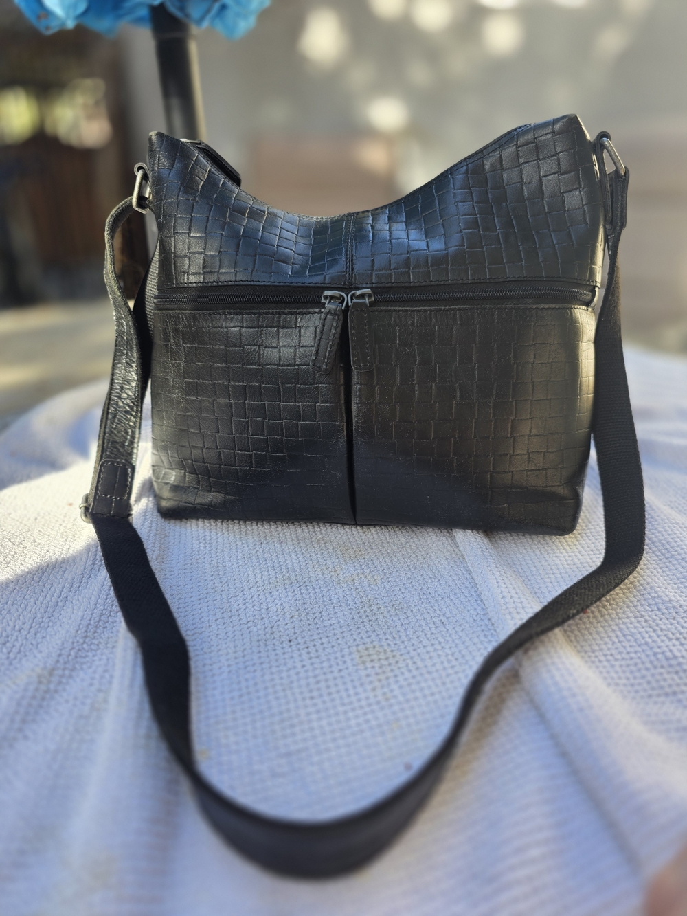 Textured Black Hobo Shoulder Bag with Dual Front Zips